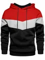 Close-up of tricolor hooded sweatshirt with red, grey, and black V-shaped panels - Red Gray Black