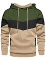 Detailed view of the three-color panelled loose casual men's hooded sweatshirt design - S / Top And Bottom / Green Khaki