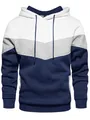 Detailed front view of a men's color-block hooded sweatshirt with chevron pattern. - S / Top And Bottom / White Gray Cyan