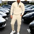 Men's cream heavy fleece tracksuit set with stand collar sweatshirt and cargo pants - Apricot