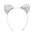 Vista dettagliata del cerchietto con orecchie di gatto glitterate argento e denti - Argento