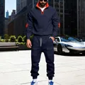 Men's navy blue heavy fleece tracksuit set with orange collar detail and cargo pants - Navy Blue