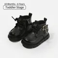 Bottines Martin en cuir noir pour enfants avec semelle souple antidérapante et boucles - Pointure 16 (Longueur Intérieure 12,0 cm) / Noir (Doublé Polaire)