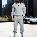 Full view of grey men's heavy fleece leisure suit with cargo pockets and half-zip - S / Top And Bottom / Light Gray