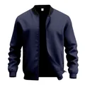 Detail of a navy blue men's vintage bomber jacket with a zip-up front and stand collar design - S / Tops / Navy Blue