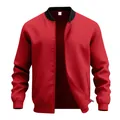 Detail of a men's red retro bomber jacket with stand collar and zipper closure - S / Tops / Bright Red