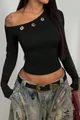 Close-up of black one-shoulder long sleeve top with metal eyelet details - S / Tops / Black