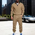 Full view of men's heavy fleece stand collar tracksuit with cargo pockets in tan. - Camel