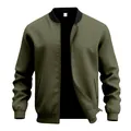 Detailed view of a minimalist olive green men's bomber jacket with ribbed collar and zipper - Army Green