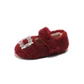 Rote Plüsch-Prinzessinnenschuhe für Mädchen mit glitzernder Strassschnalle und Futter - Größe 21 / Mary Jane Prinzessinnen-Schuhe mit Niedrigem Absatz / Innenlänge 13.0cm / Burgunderrot