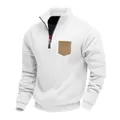 Macro view of white American style quarter-zip fleece sweatshirt with tan chest pocket - S / Tops / White