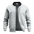Detail view of light grey men's vintage bomber jacket with black stand collar - Light Gray