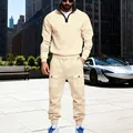 Full-body presentation of men's beige heavyweight fleece tracksuit set in urban setting - S / Top And Bottom / Apricot
