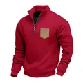 Close-up view of a heavy red men's fleece sweatshirt with quarter-zip and brown pocket - S / Tops / Red