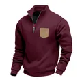 Detail of men's burgundy fleece sweatshirt with stand collar and tan chest pocket - S / Tops / Burgundy