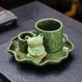 Green speckled ceramic frog incense burner set with lotus leaf tray Palo Santo holder - Spotted Glaze Style (JCSMJ58-01) / Grass Green