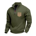 Front view of men's olive green quarter-zip sweatshirt with contrast chest pocket - Army Green