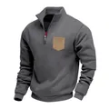 Detailed view of heavy fleece sweatshirt with stand collar and tan chest pocket accent - Dark Gray