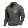 Detailed view of men's olive heavy fleece sweatshirt with tan chest pocket and zipper. - Iron Grey