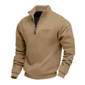 Detail view of a men's heavy fleece khaki sweatshirt with a stand collar and half-zip closure - Camel