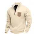 Close-up of men's beige half-zip sweatshirt with a contrasting brown chest pocket. - Apricot