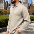 Detail van beige heren polo sweatshirt met jacquard breisel en kraagdetails getoond - XS / Top (DS-23) / Khaki
