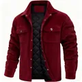 Detailed view of men's burgundy corduroy jacket with quilted lining and metal buttons - S / Tops / Burgundy