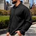 Detailweergave van zwart heren poloshirt met lange mouwen en getextureerd jacquardpatroon - XS / Top (DS-23) / Zwart