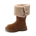 Brown suede girl's winter boots with thick beige fleece lining and snap button details - Size 26 Inner Length 15.5cm / Knight Boots (XXJ-3660) / Camel