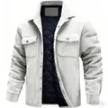 Men's light grey corduroy jacket with navy blue quilted lining and chest pockets - S / Tops / Gray