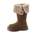 Children's warm brown winter boots with fleece lining and snap button detail - Size 26 Inner Length 15.5cm / Knight Boots (XXJ-3660) / Khaki