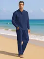 Vue d'ensemble d'un ensemble deux pièces en lin bleu marine pour homme sur une plage - S / Haut Et Bas / Bleu marine