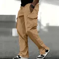 Detail shot of men's khaki cargo pants featuring multi-pockets and snap button cuffs. - S / Bottoms / Khaki