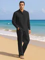 Ensemble d'été en lin pour homme avec chemise à col montant et pantalon assorti - S / Haut Et Bas / Noir