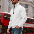 Detail view of men's white heavy fleece sweatshirt with stand collar and zipper pull badge - S / White