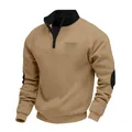 Detail of a men's khaki heavyweight fleece sweatshirt with black stand collar and zip - Camel
