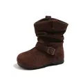 Girls' retro brown suede slouchy mid-calf boots featuring a stylish decorative buckle - Size 23 (Inner Length 14.8cm) / Coffee