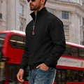 Detailed view of men's black quarter-zip sweatshirt with stand collar and chest logo - S / Black