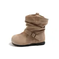 Stylish children's beige suede slouch mid-calf boot featuring a decorative side buckle - Size 23 Inner Length 14.8cm / Apricot