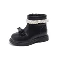 Bottes Martin noires pour filles avec nœud, bordure en dentelle perlée et fermeture éclair - Taille 23 Longueur Intérieure 15.0cm / Noir