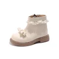 Élégantes bottines crème pour filles avec nœud mignon et bordure en dentelle perlée - Taille 24 Longueur Intérieure 15.5CM / Beige