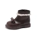 Élégantes bottines Martin marron foncé pour filles avec nœud et bordure en dentelle perle - Taille 23 Longueur Intérieure 15.0cm / Marron