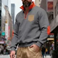 Detail of men's heavy fleece half-zip sweatshirt with orange elbow patches - S / Tops / Dark Gray