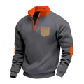 Detailansicht Herren-Fleecepullover mit halbem Reißverschluss und orangefarbenen Akzenten. - S / Top (KD-17) / Dunkelgrau