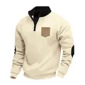Detail of men's heavyweight fleece quarter-zip sweatshirt in cream with contrast pocket. - Apricot