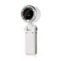 Portable white handheld fan with digital display showing speed and battery levels - Ivory