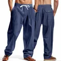 Pantalon décontracté large en lin respirant pour homme bleu foncé avec cordon de serrage - Bleu marine