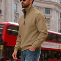 Close-up detail of men's khaki heavy fleece sweatshirt featuring a stand collar - S / Camel