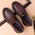 Premium brown leather men's dress loafers featuring unique textured pattern and slip-on design - 38 / Slip-on Shoes / Brown