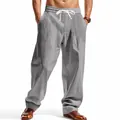 Pantalon en lin léger gris clair pour homme avec taille élastique à cordon et coupe large - S / Bas / Gris
